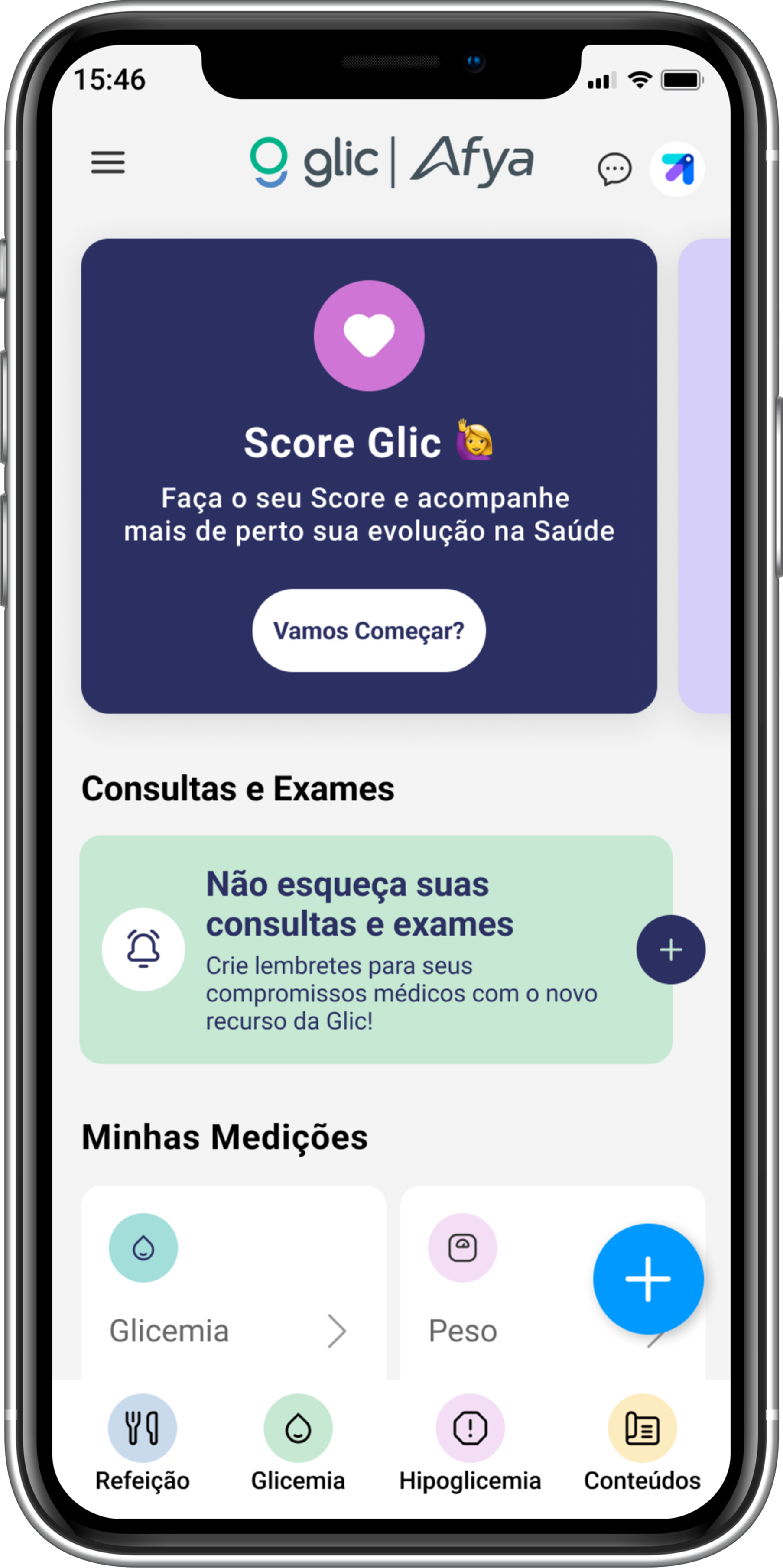 Tela inicial do app Glic, com Score Glic, lembretes de consultas e exames, e registro de medições